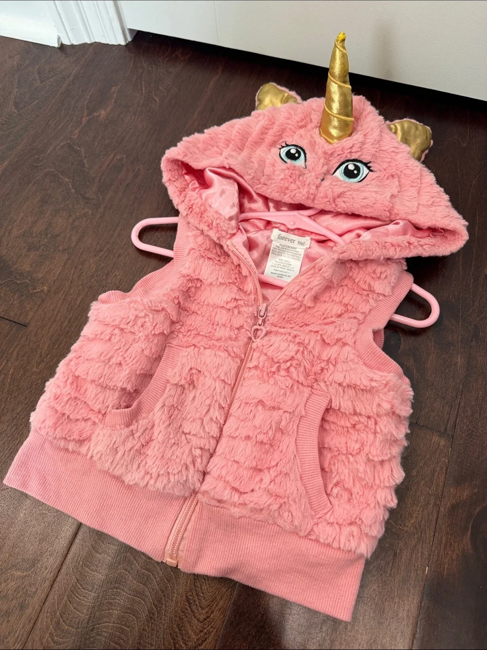 Unicorn Hood Faux Fur Pink Vest Toddler Girls Heart Zipper, Super Soft, 3T